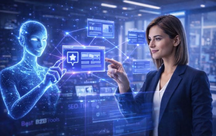 Professional woman and AI-Driven B2B SEO avatar analyzing a glowing network of interconnected digital websites in a modern marketing agency
