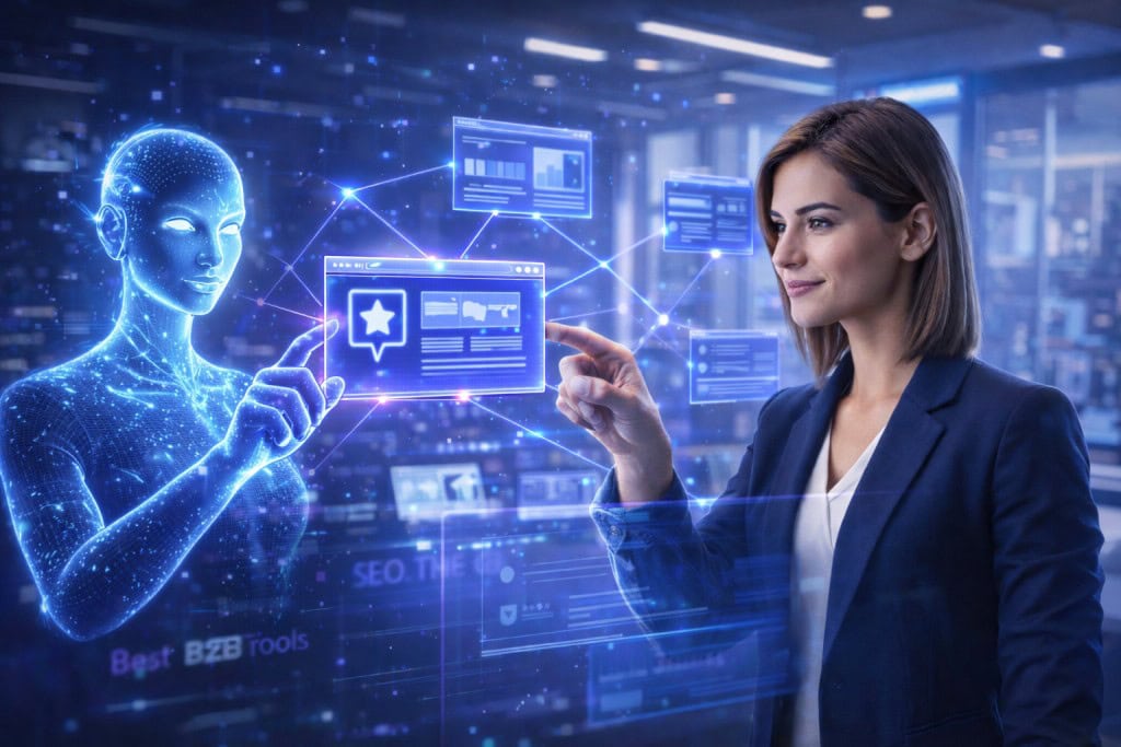Professional woman and AI-Driven B2B SEO avatar analyzing a glowing network of interconnected digital websites in a modern marketing agency
