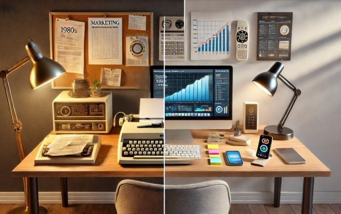 Split-screen image of a desk showing the evolution of marketing tools from the 1980s to the present day, with vintage equipment on the left and modern AI-powered technology on the right.